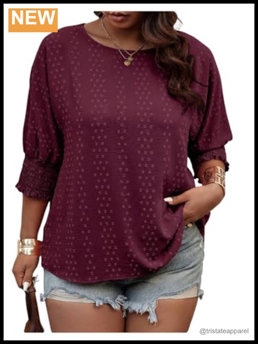 Plus Size Swiss Dot Blouse 3/4 Sleeve Shirred Crew Neck